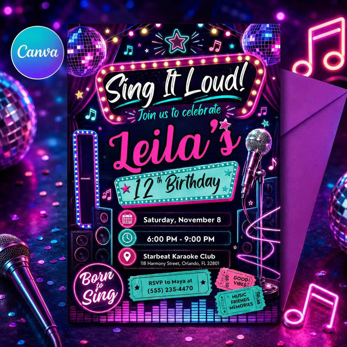 Neon Karaoke Party Birthday Invitation — editable Canva template