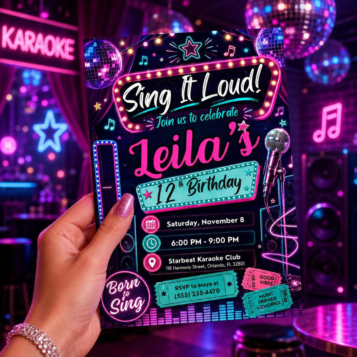 Neon Karaoke Party Birthday Invitation — music design