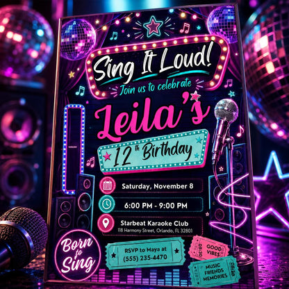 Neon Karaoke Party Birthday Invitation — invitation you personalize in Canva