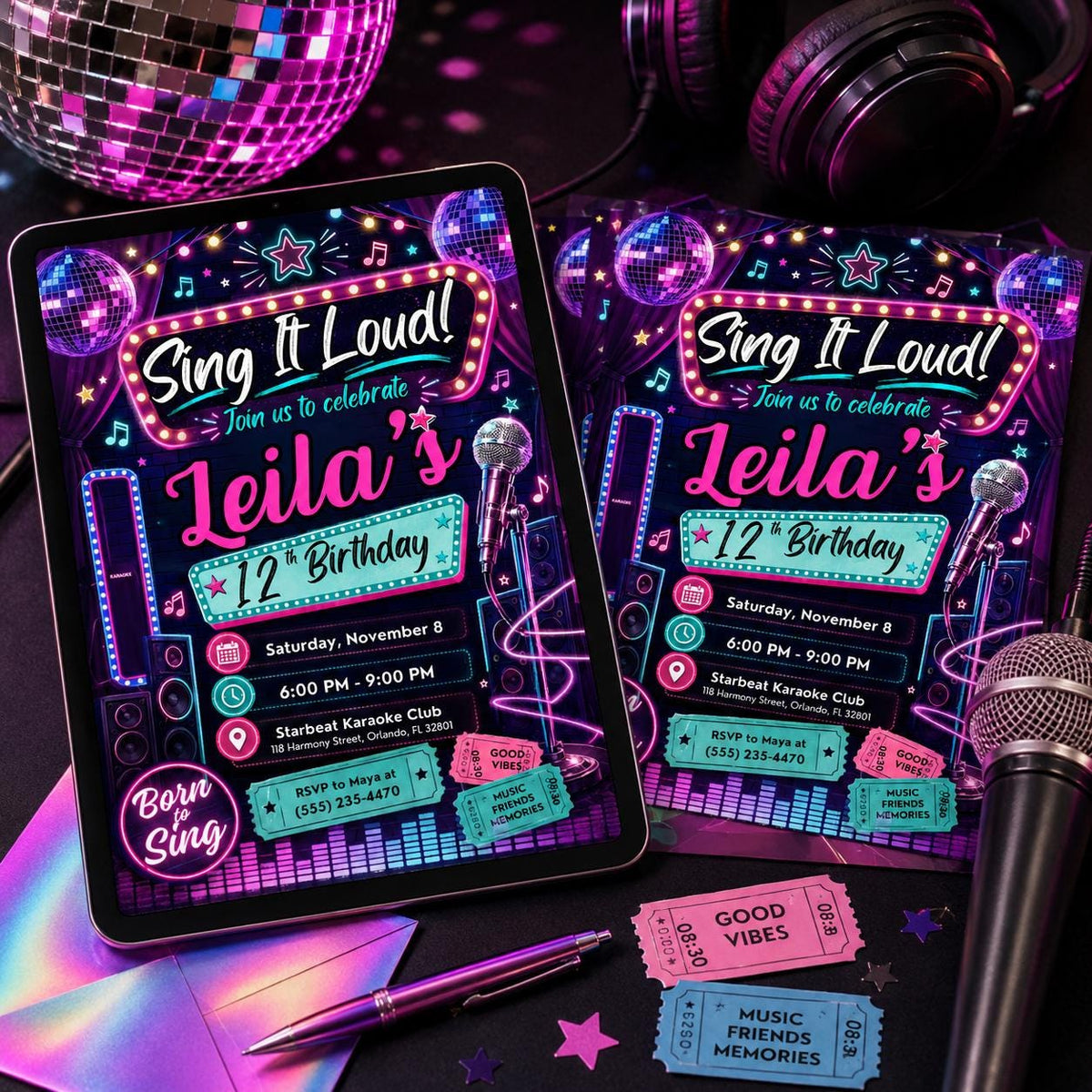 Neon Karaoke Party Birthday Invitation — print-ready birthday party design from VoltBy
