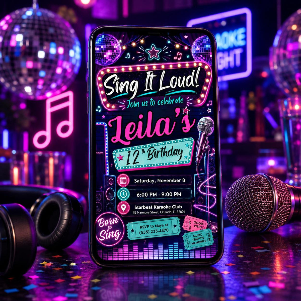 Neon Karaoke Party Birthday Invitation — digital invitation, instant download