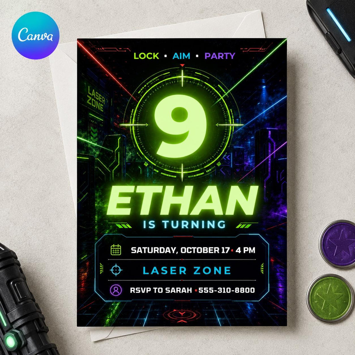 Neon Laser Tag 9th Birthday Invitation — editable Canva template