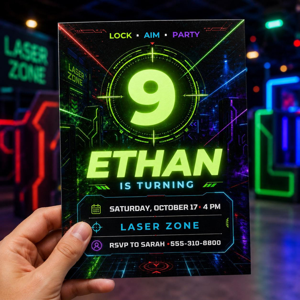 Neon Laser Tag 9th Birthday Invitation — invitation you personalize in Canva