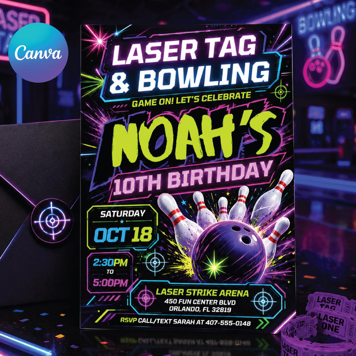 Neon Laser Tag Bowling Birthday Invitation — editable Canva template