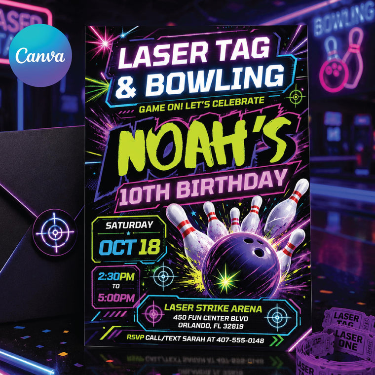Neon Laser Tag Bowling Birthday Invitation