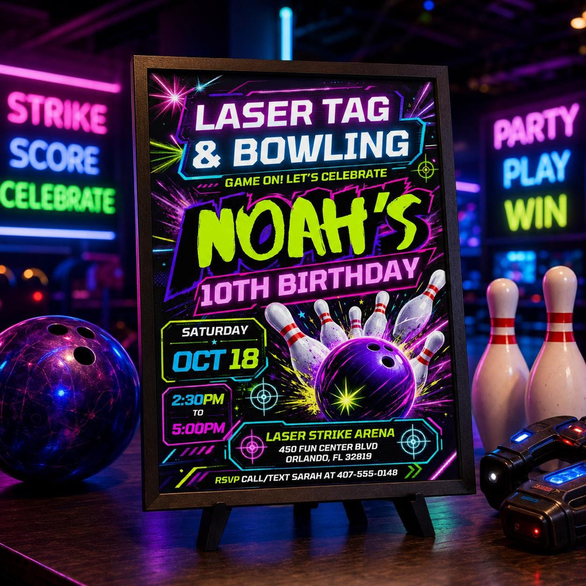 Neon Laser Tag Bowling Birthday Invitation — gaming design