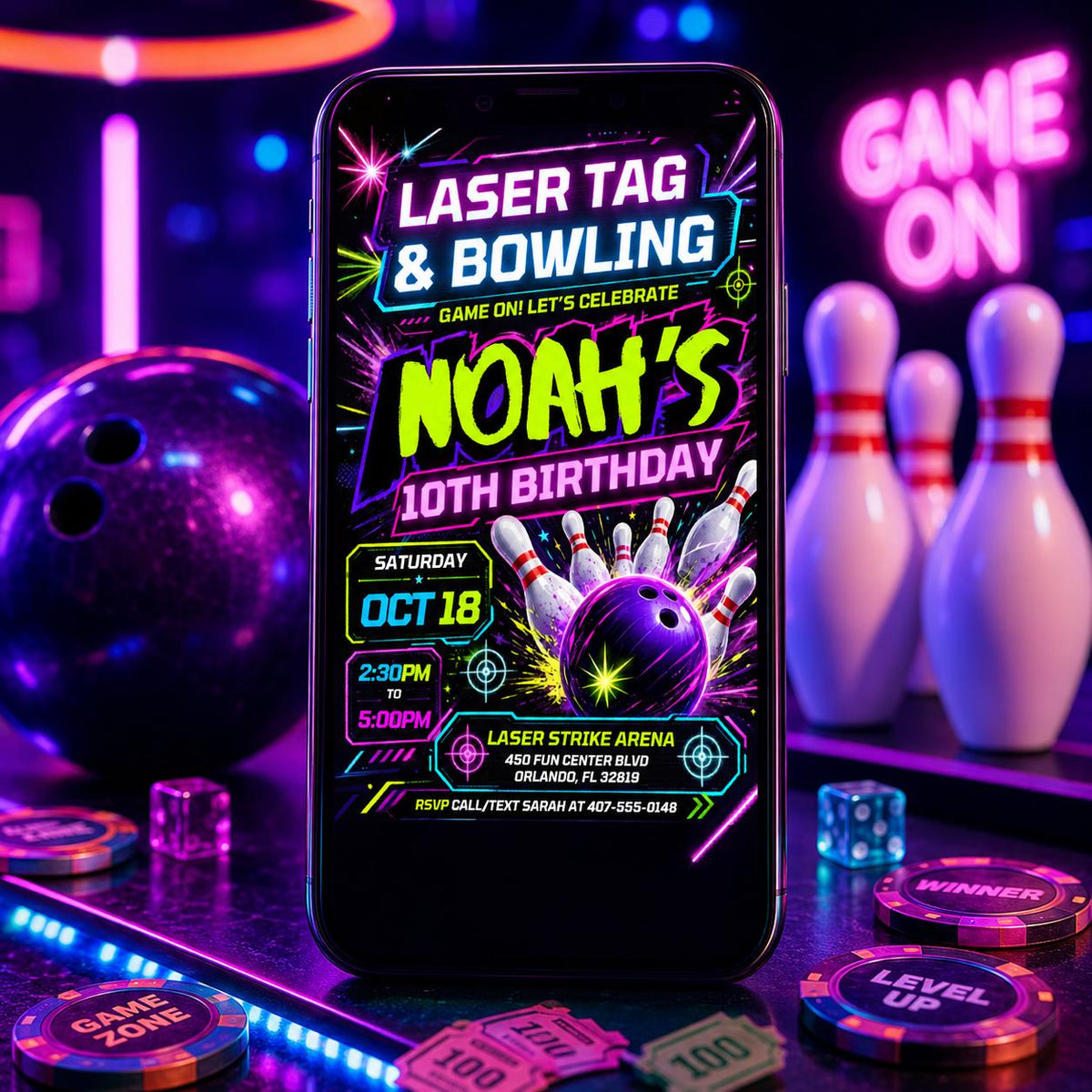 Neon Laser Tag Bowling Birthday Invitation — invitation you personalize in Canva