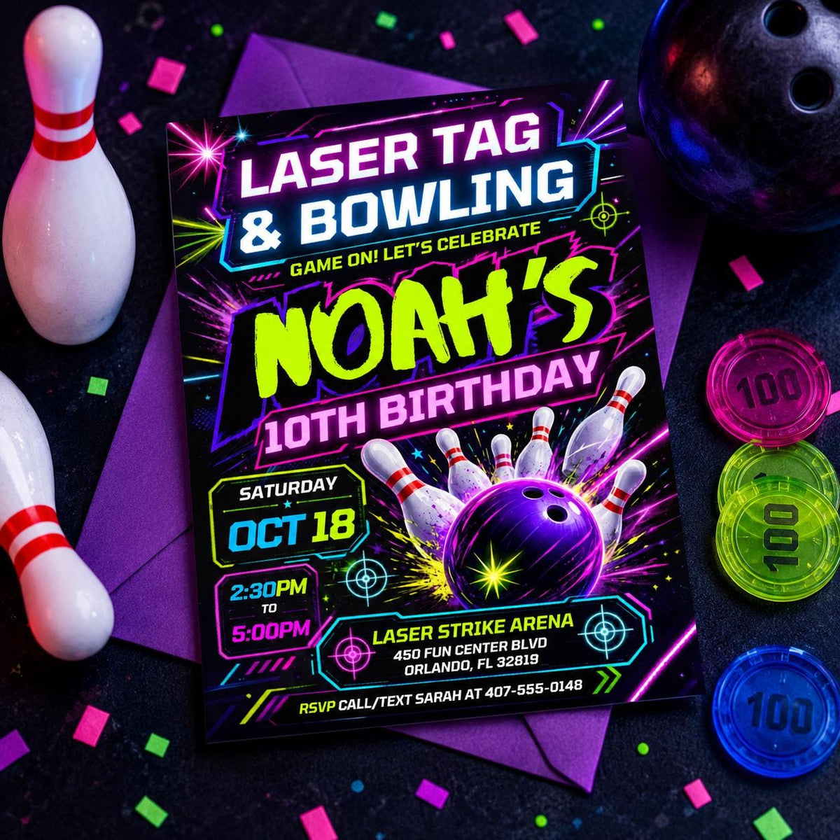 Neon Laser Tag Bowling Birthday Invitation — print-ready birthday party design from VoltBy