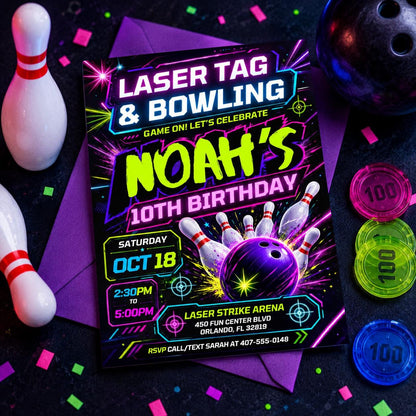 Neon Laser Tag Bowling Birthday Invitation — print-ready birthday party design from VoltBy
