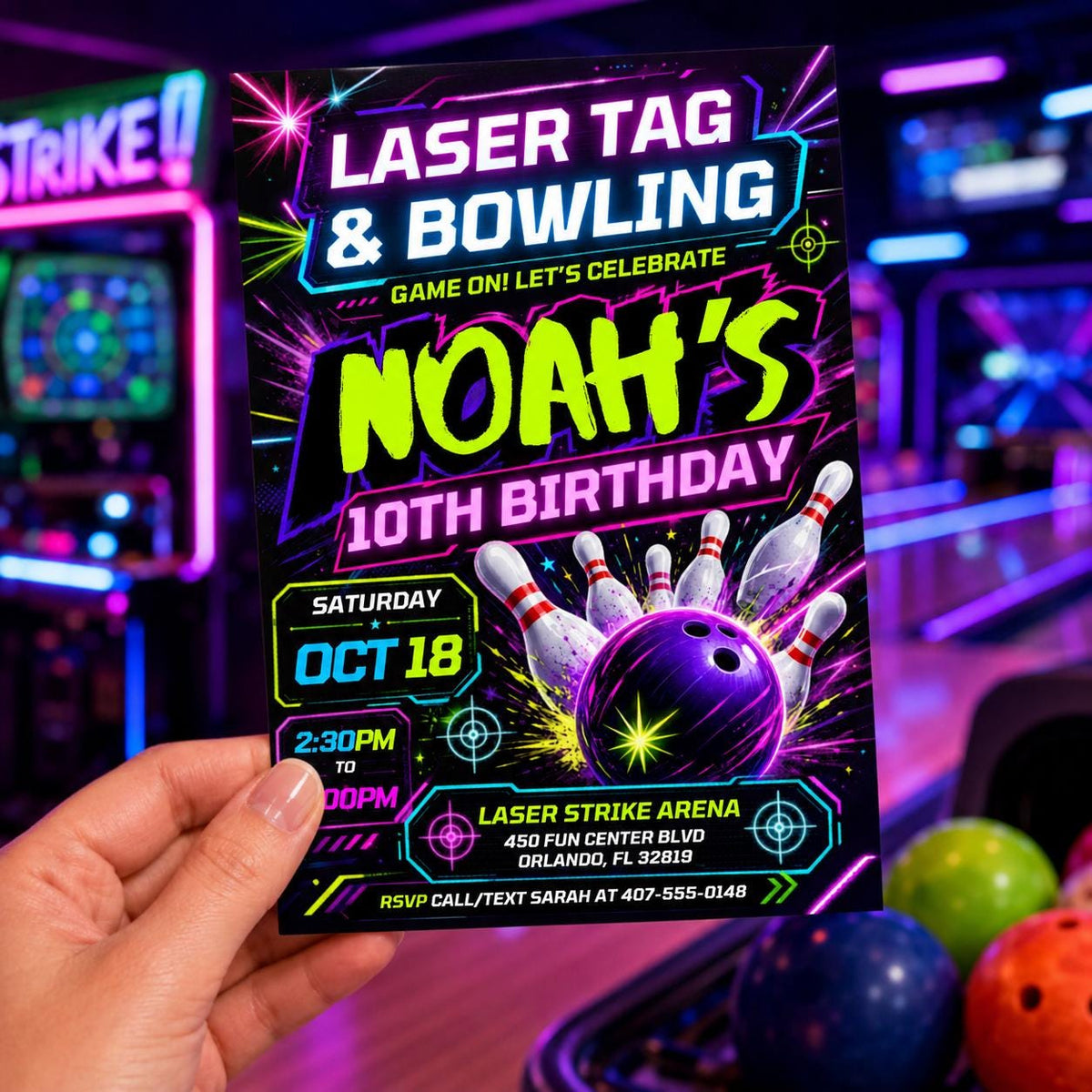 Neon Laser Tag Bowling Birthday Invitation — digital invitation, instant download