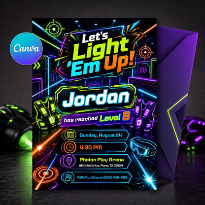 Neon Laser Tag Party Invitation — editable Canva template
