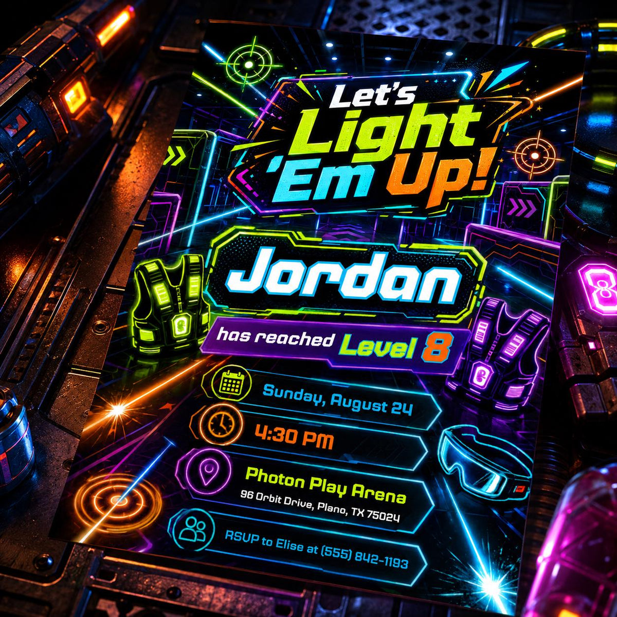 Neon Laser Tag Party Invitation — invitation you personalize in Canva