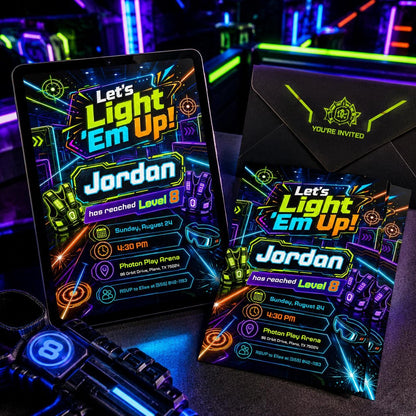Neon Laser Tag Party Invitation — print-ready birthday party design from VoltBy