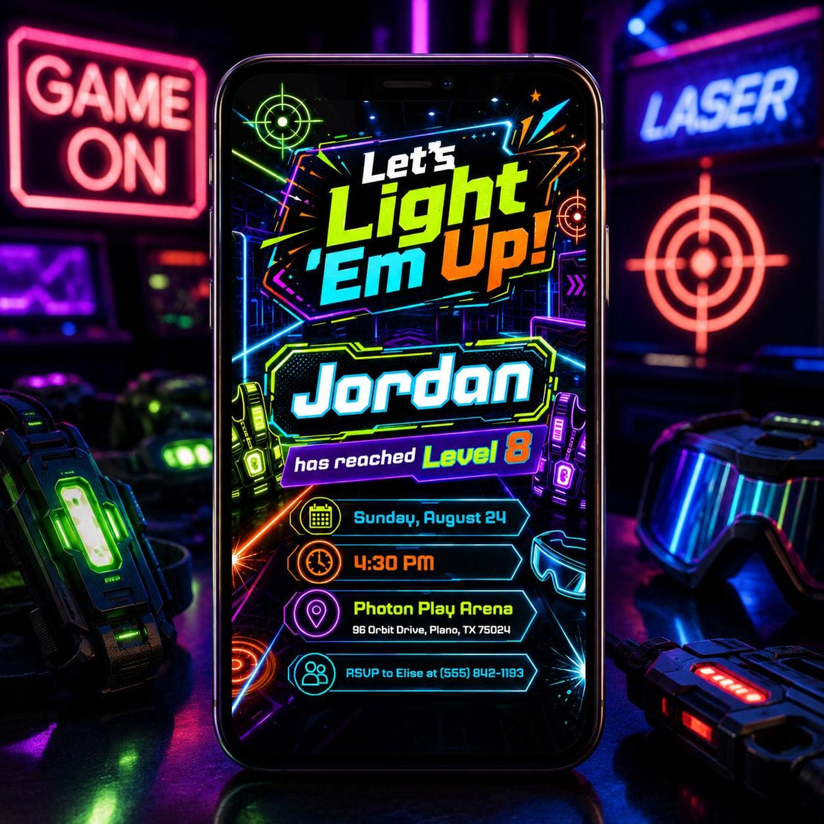 Neon Laser Tag Party Invitation — birthday party stationery by VoltBy