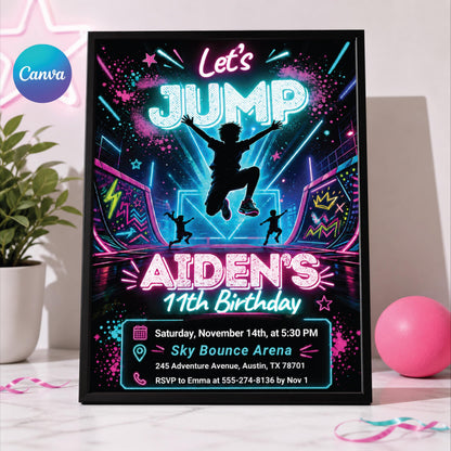 Neon Let's Jump Silhouette 11th Birthday Invitation — editable Canva template