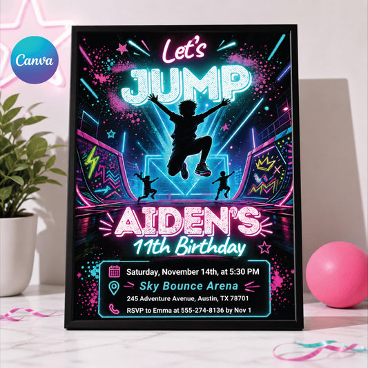 Neon Let's Jump Silhouette 11th Birthday Invitation — editable Canva template