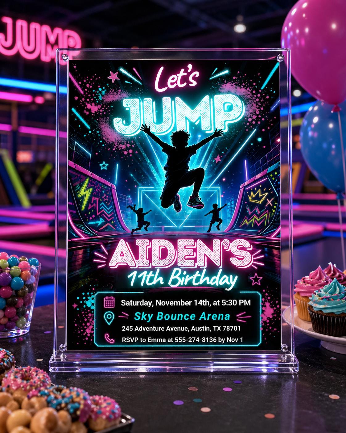 Neon Let's Jump Silhouette 11th Birthday Invitation in black and blue