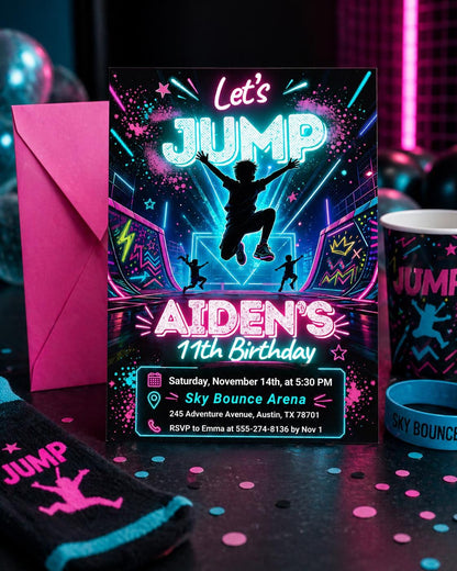 Neon Let's Jump Silhouette 11th Birthday Invitation — invitation you personalize in Canva