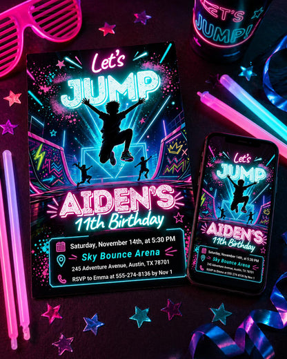 Neon Let's Jump Silhouette 11th Birthday Invitation — print-ready 11th birthday party design from VoltBy