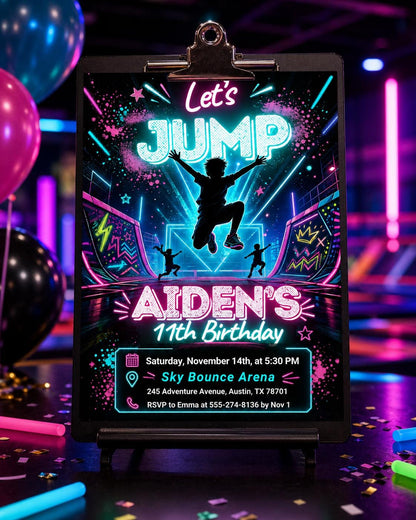 Neon Let's Jump Silhouette 11th Birthday Invitation — digital invitation, instant download