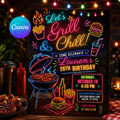 Neon Let's Grill And Chill Birthday Invitation — editable Canva template