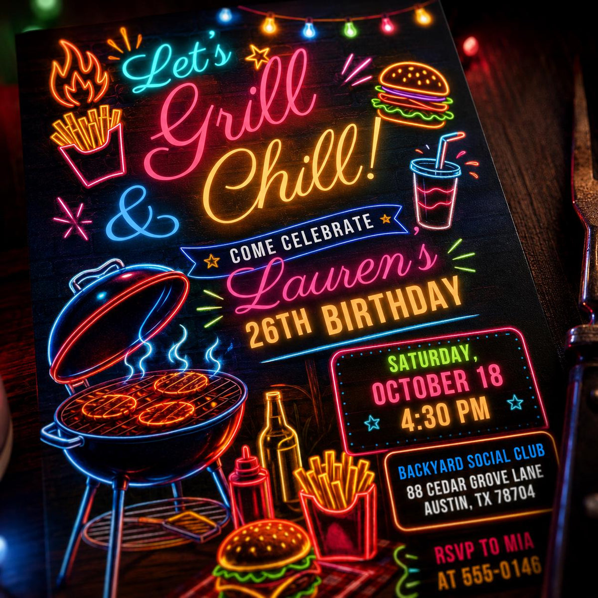 Neon Let's Grill And Chill Birthday Invitation — print-ready birthday party design from VoltBy