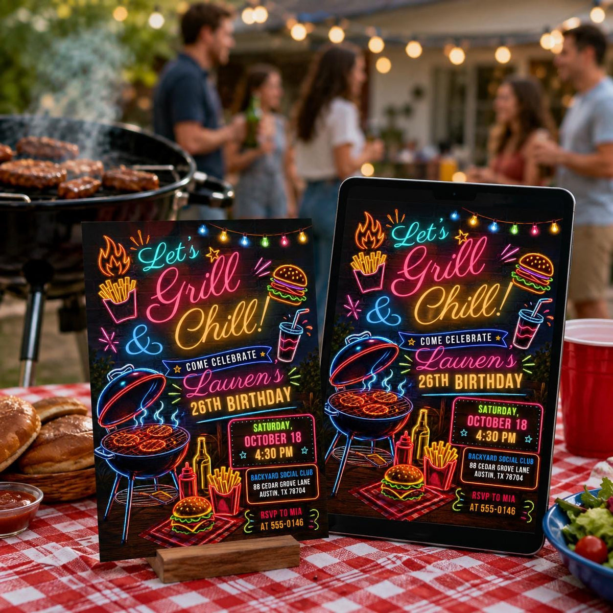 Neon Let's Grill And Chill Birthday Invitation — digital invitation, instant download