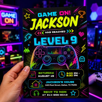 Neon Level 9 Birthday Invitation with Angled Border — gaming design