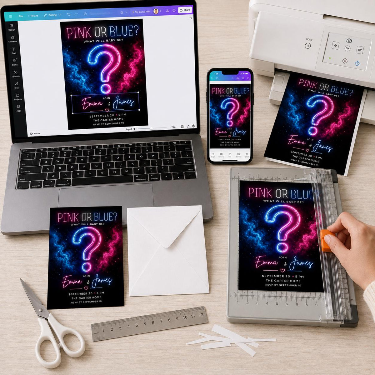 Neon Modern Gender Reveal Invitation Pink or Blue — digital invitation, instant download