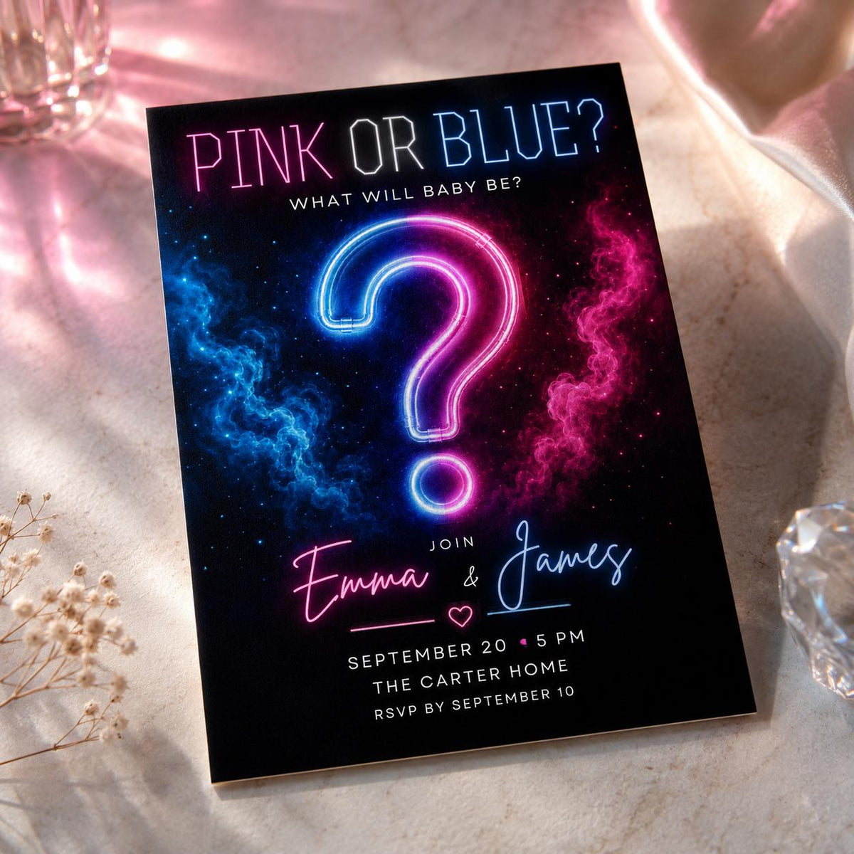Neon Modern Gender Reveal Invitation Pink or Blue — gender reveal stationery by VoltBy