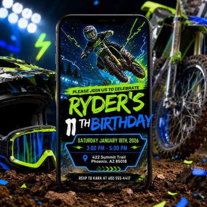 Neon Motocross 11th Birthday Invitation — print-ready 11th birthday party design from VoltBy