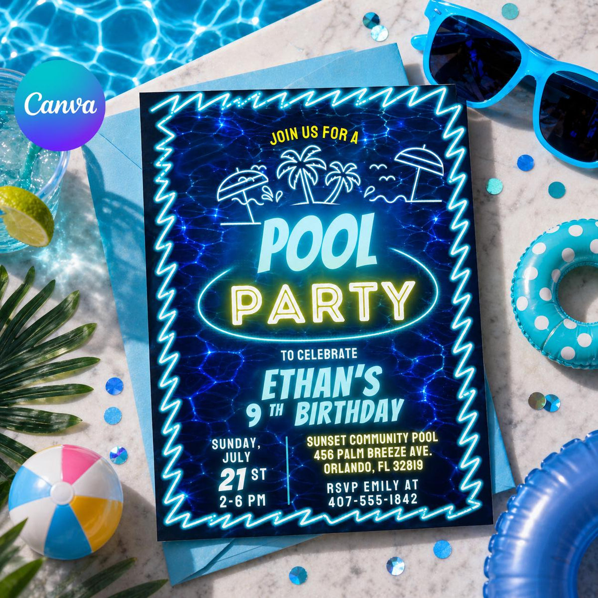 Neon Pool Party 9th Birthday Invitation — editable Canva template