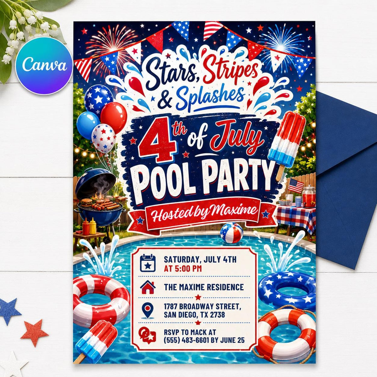 Neon Pool Party Birthday Invitation — editable Canva template