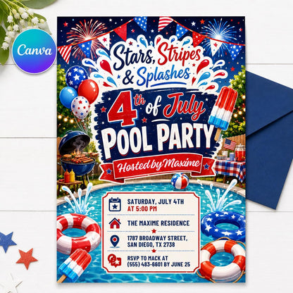 Neon Pool Party Birthday Invitation — editable Canva template
