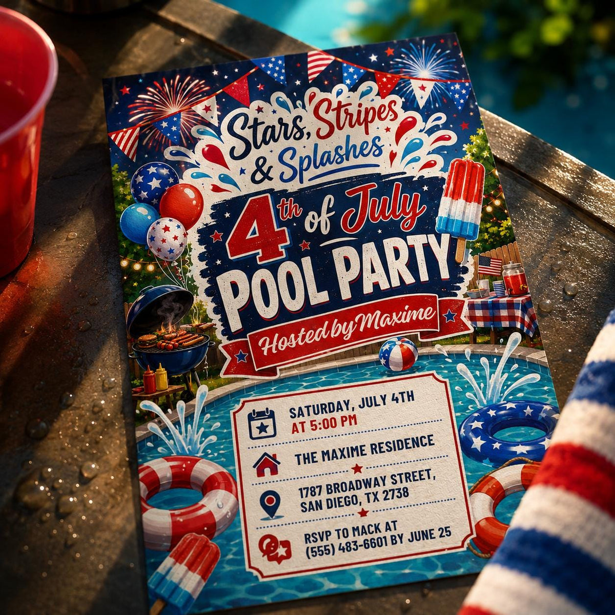 Neon Pool Party Birthday Invitation — celestial design