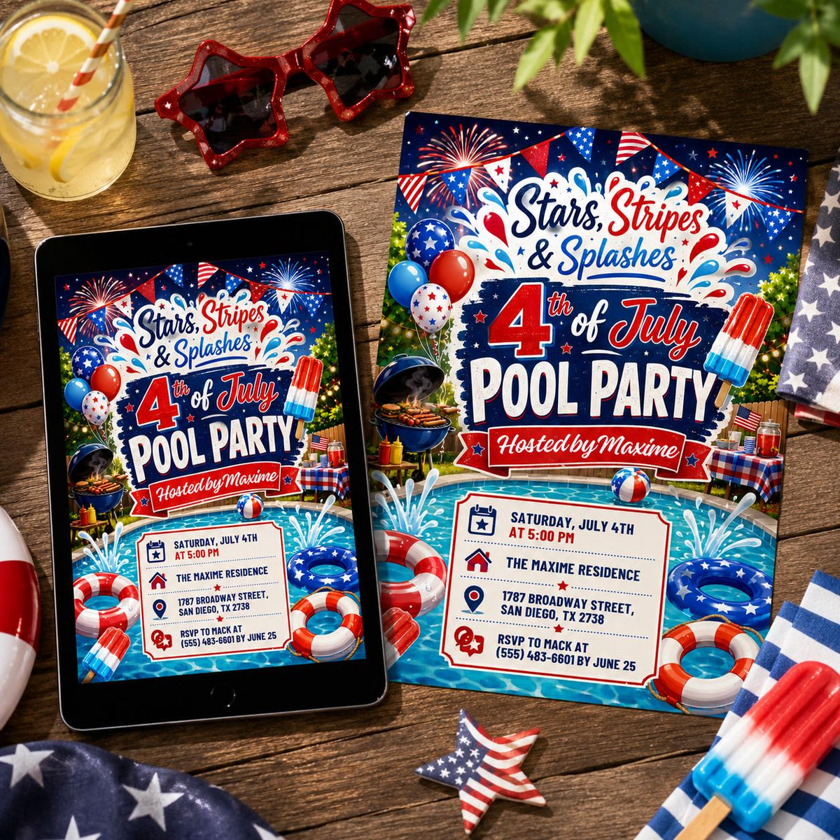 Neon Pool Party Birthday Invitation — invitation you personalize in Canva