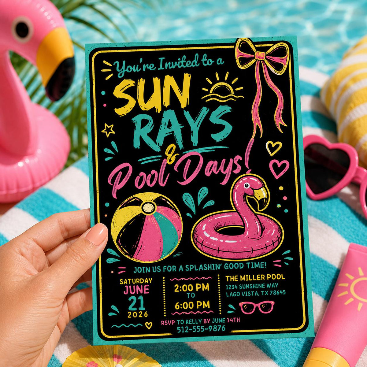 Neon Pool Party Invitation — invitation you personalize in Canva