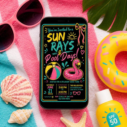 Neon Pool Party Invitation — print-ready birthday party design from VoltBy