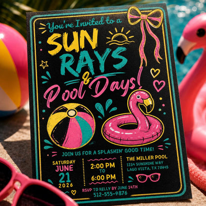 Neon Pool Party Invitation — digital invitation, instant download