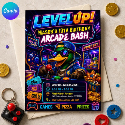 Neon Retro Arcade 10th Birthday Invitation — editable Canva template