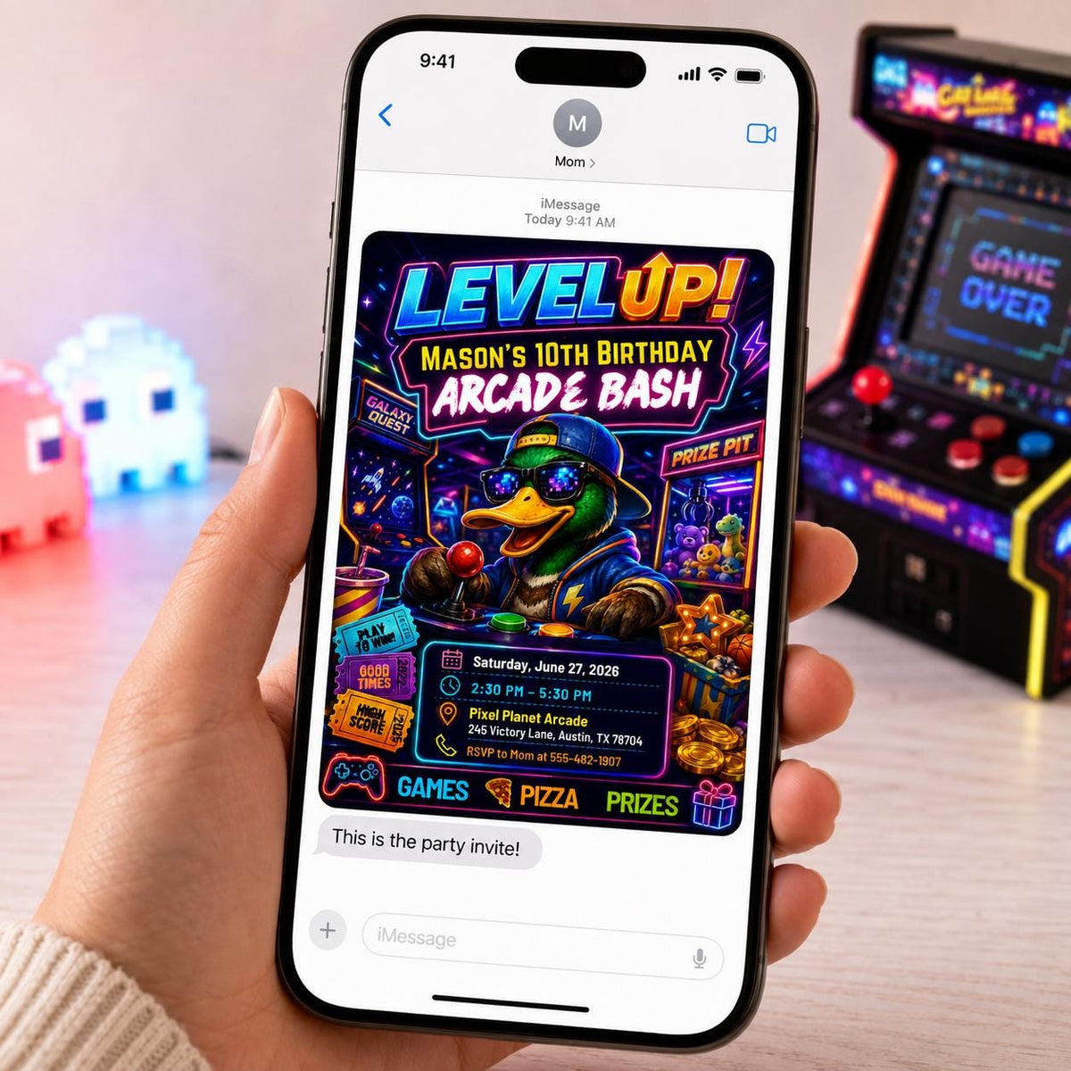 Neon Retro Arcade 10th Birthday Invitation — gaming design