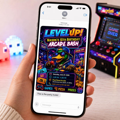 Neon Retro Arcade 10th Birthday Invitation — gaming design