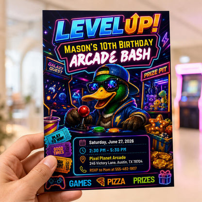 Neon Retro Arcade 10th Birthday Invitation — invitation you personalize in Canva