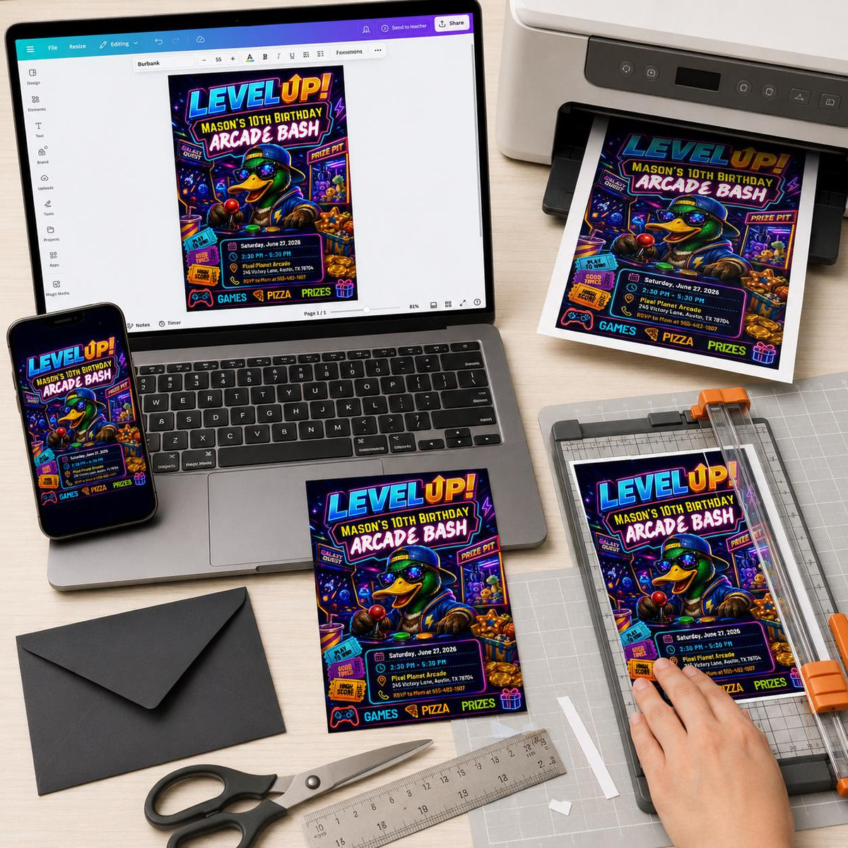 Neon Retro Arcade 10th Birthday Invitation — print-ready 10th birthday party design from VoltBy