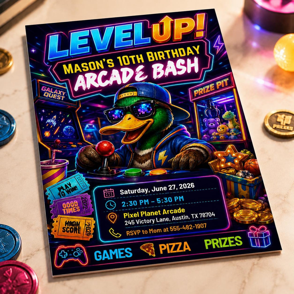Neon Retro Arcade 10th Birthday Invitation — digital invitation, instant download