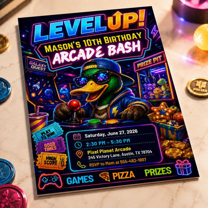 Neon Retro Arcade 10th Birthday Invitation — digital invitation, instant download