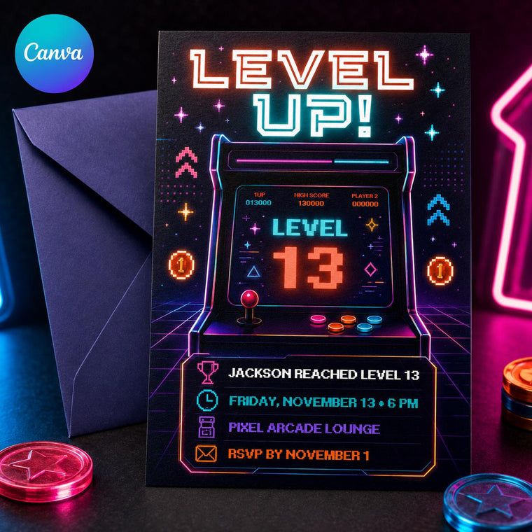 Neon Retro Arcade 13th Birthday Invitation