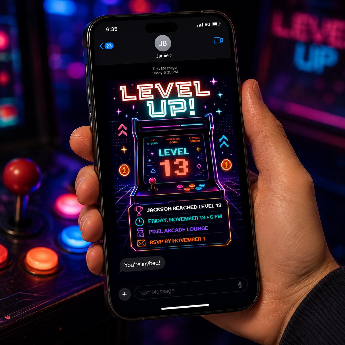 Neon Retro Arcade 13th Birthday Invitation — gaming design