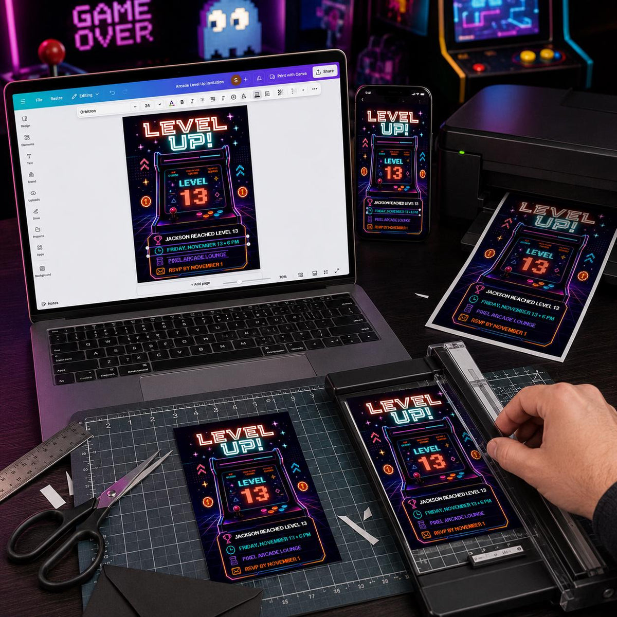 Neon Retro Arcade 13th Birthday Invitation — print-ready 13th birthday party design from VoltBy