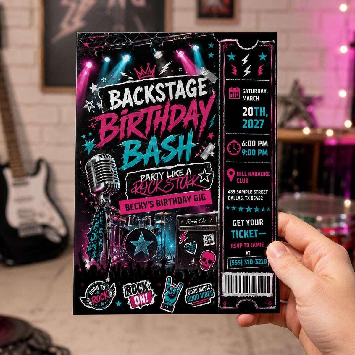 Neon Rockstar Birthday Invitation for Girls — invitation you personalize in Canva